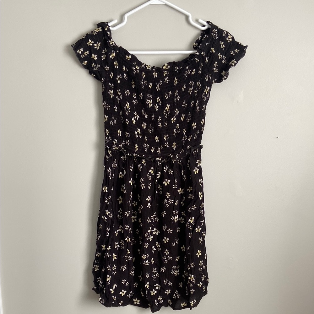 Black and White Smocked Mini Sundress with Puff Sleeves